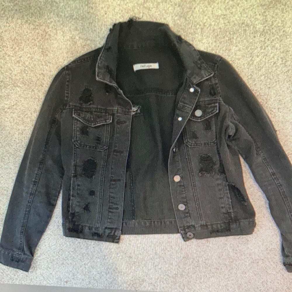 refuge Black Distressed Denim Jacket with Label